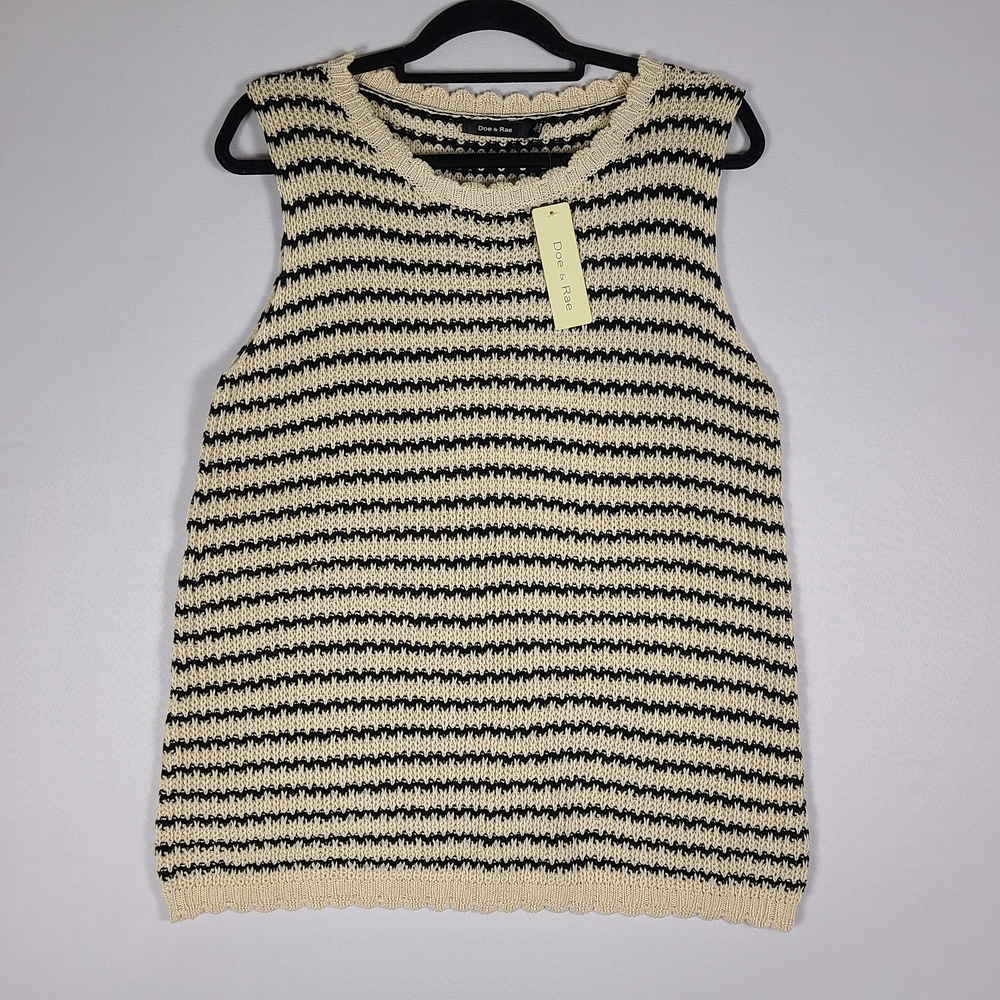 Doe & Rae Crochet Knit Sleevless Top Womens Large Black Cream Stripes New
